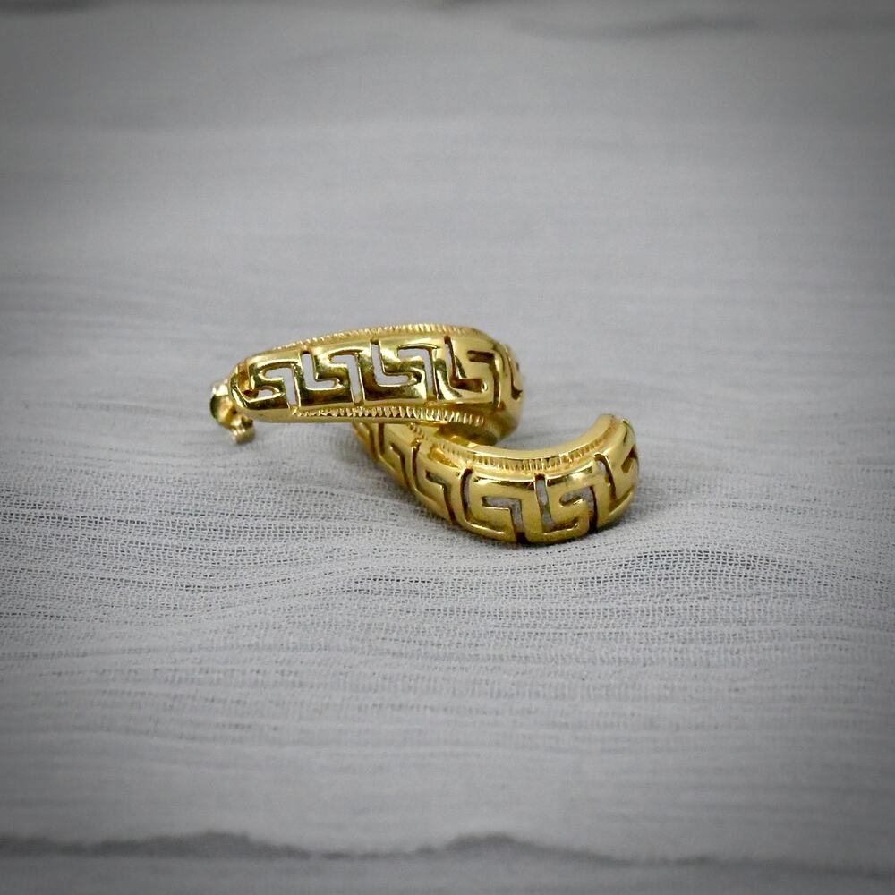 Vintage 14K Solid Yellow Gold Greek Key Meander Huggie Hoop Earrings 3.48g 20mm